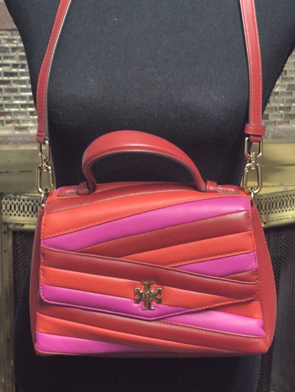 Tory Burch Red, Pink & Coral Quilted Leather Top Handle Crossbody Bag +++ Bling